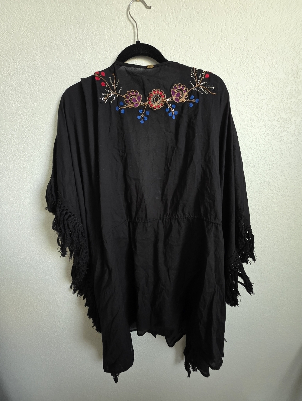 Black Embroidered Fringe Kimono with Colorful Accents - Picture 4 of 5